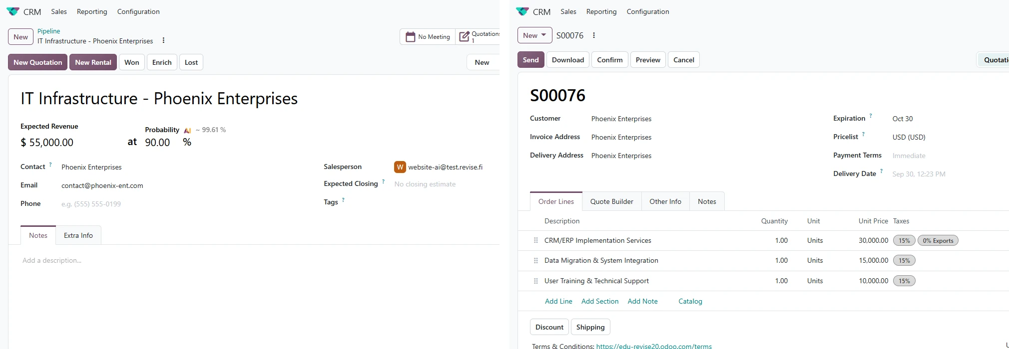 An Odoo CRM opportunity and the quotation created from it in the same view