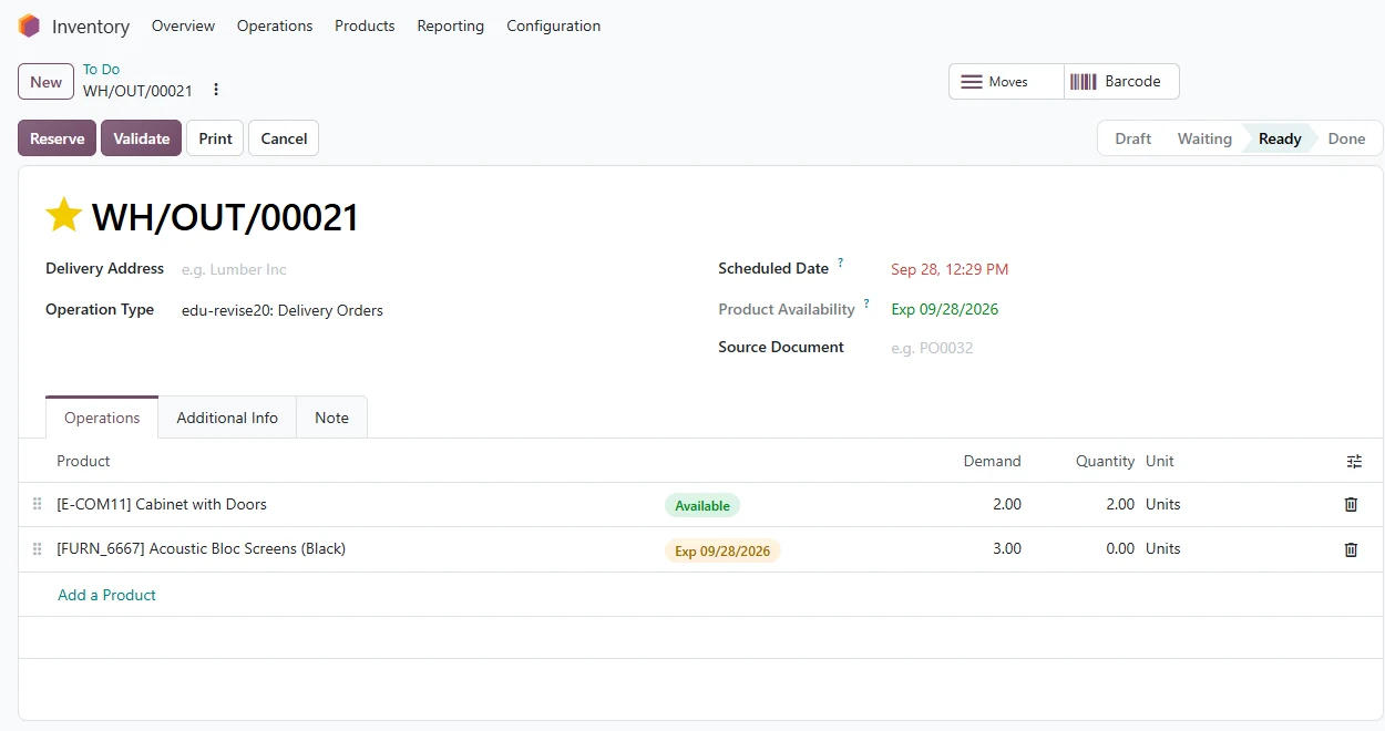 Odoo delivery: picking lines, product availability and the quantity to deliver