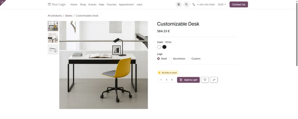 Odoo eCommerce product page: price, variants, stock level and add-to-basket button