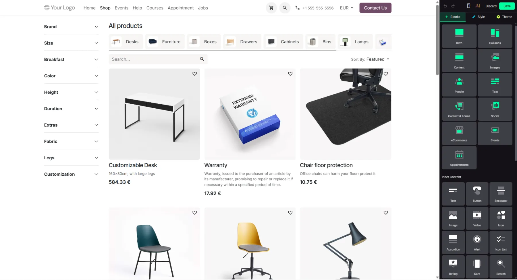 Odoo Website Builder: a shop product listing being edited, with the block palette on the right including Intro, Columns, Content, Images and eCommerce