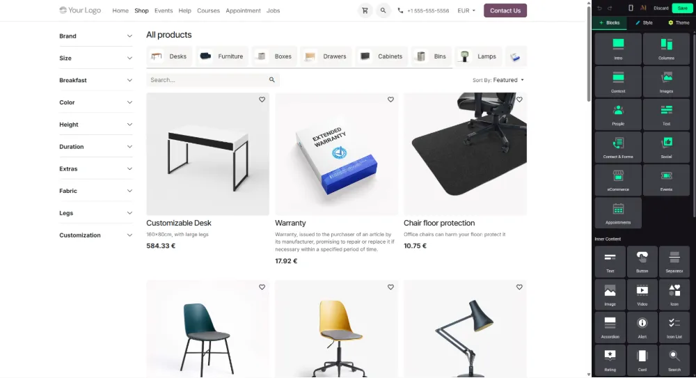 Odoo Website Builder editor and block palette