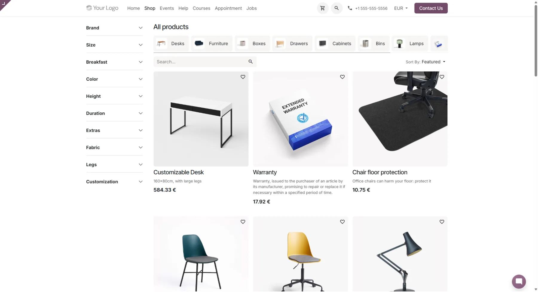 Odoo eCommerce product listing: product categories and attribute filters on the left, with a product grid showing prices in euros