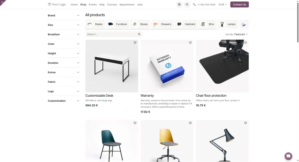 Odoo eCommerce product listing with categories and filters
