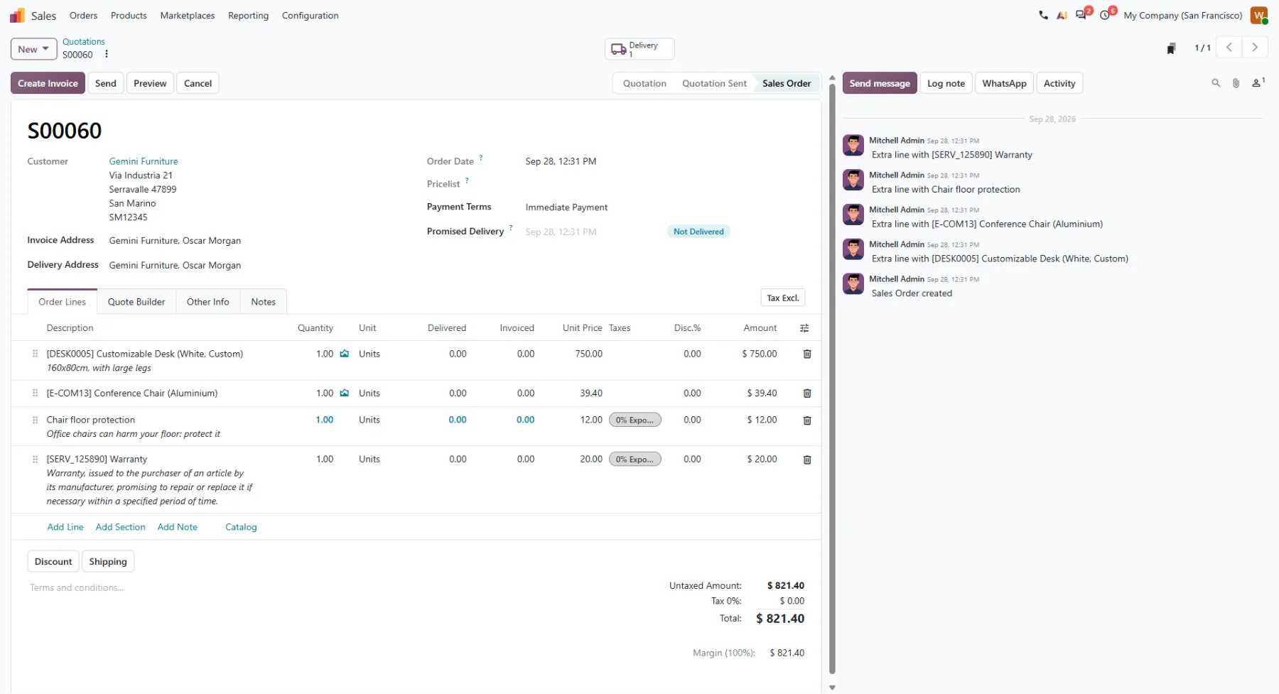 Odoo Sales: sales order S00060 created from the online shop, four order lines with variants, delivery pending and an invoicing button