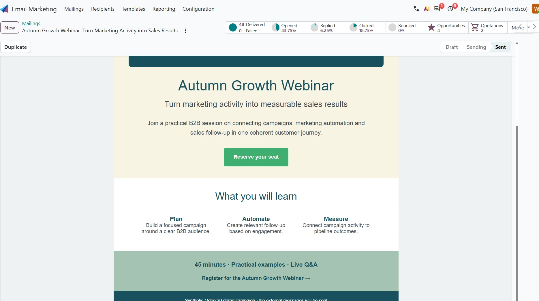 Odoo Email Marketing: webinar message content, Plan, Automate and Measure highlights and campaign metrics